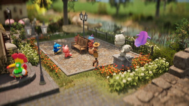 Village plaza with Pals and flower gardens in Palfarm