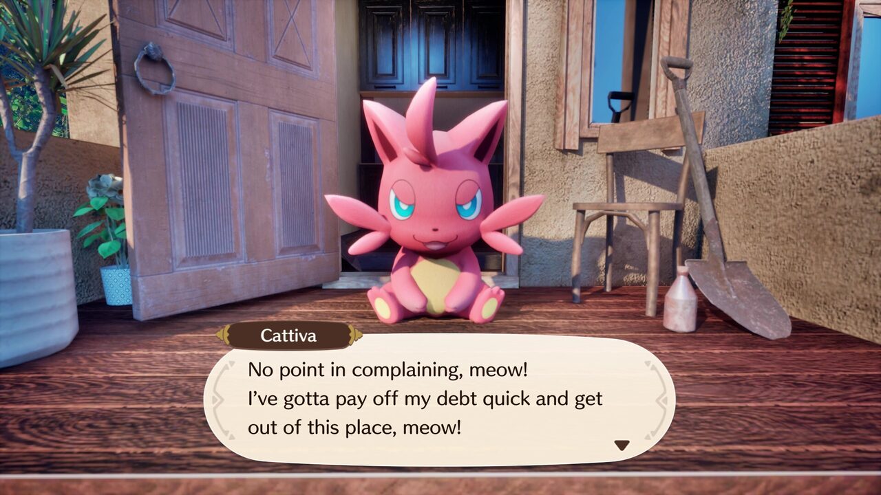 Cattiva telling the player it has to pay off its debt in Palfarm