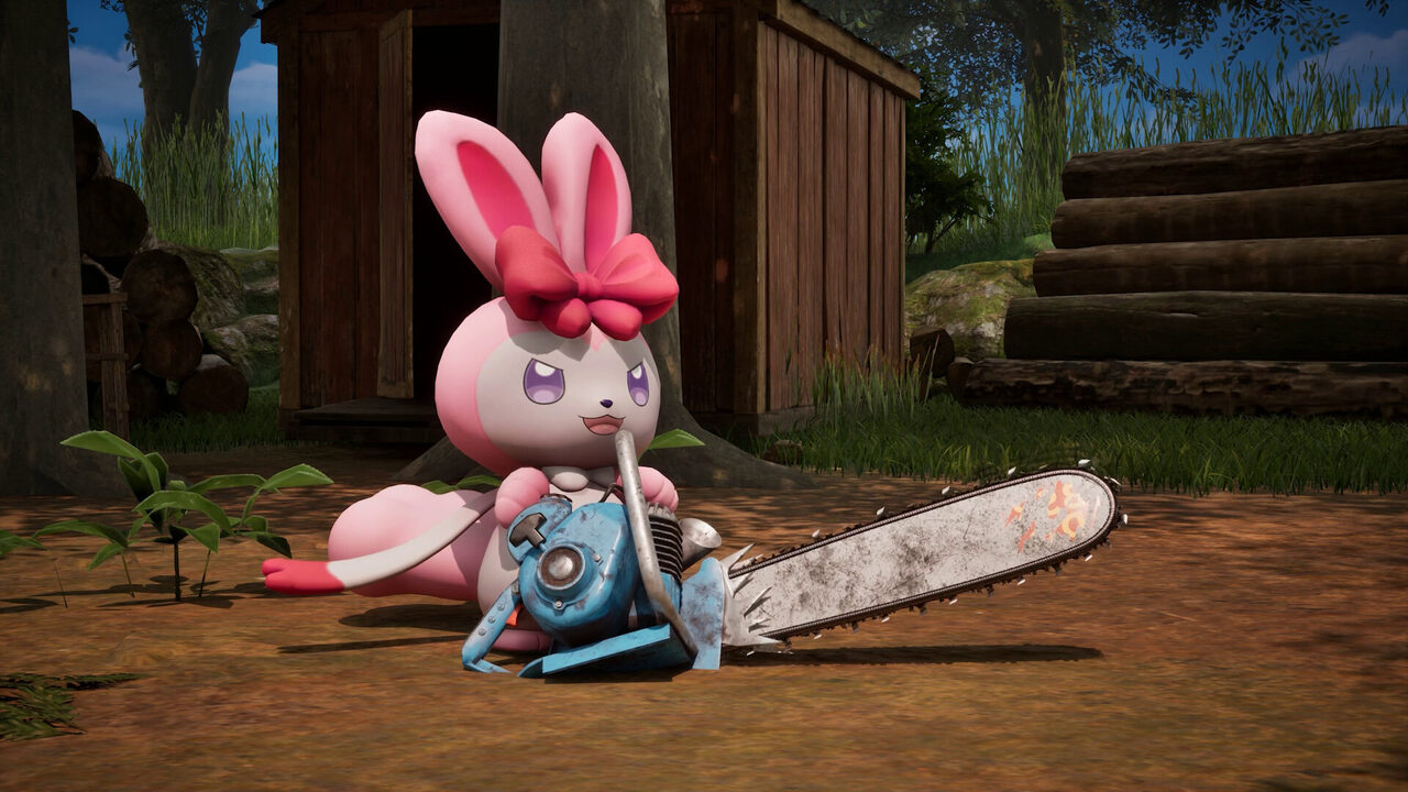 A Pal sitting next to a chainsaw in Palfarm