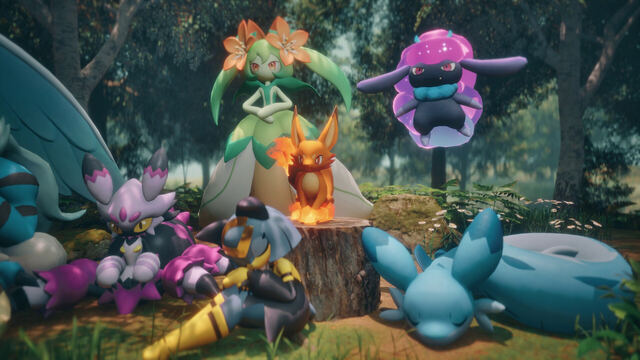Pals resting around a campfire in the forest in Palfarm