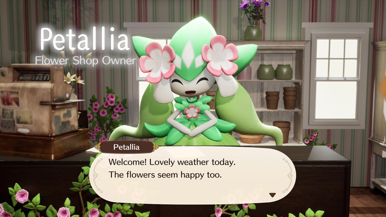 Petallia the flower shop owner chatting with the player in Palfarm